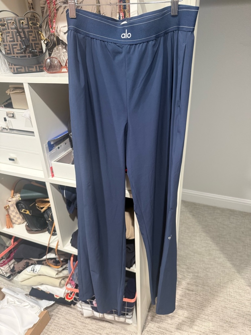 ALO Yoga Navy Active Pants with Red Accent Nail Detail